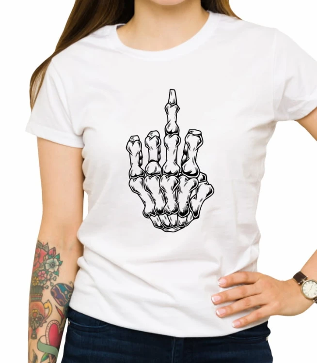 Biała damska koszulka fuck hand skeleton
