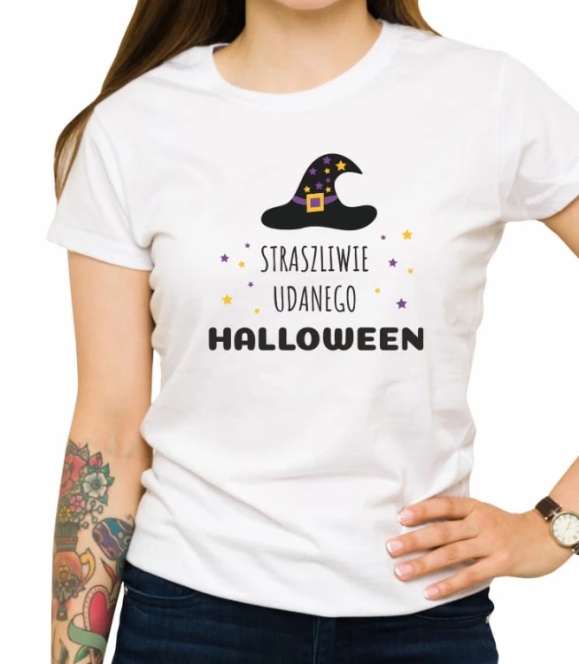 Biała damska koszulka straszliwie udanego Halloween