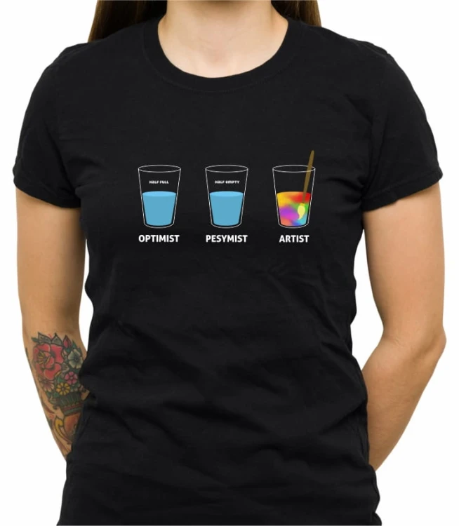 Czarna damska koszulka optimist pessimist artist