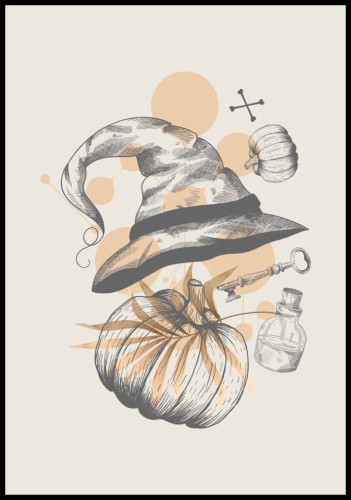 Halloweenowy poster z atrybutami prawdziwej czarownicy - czarodziejskim kapeluszem, tajemniczym kluczem i buteleczką eliksiru