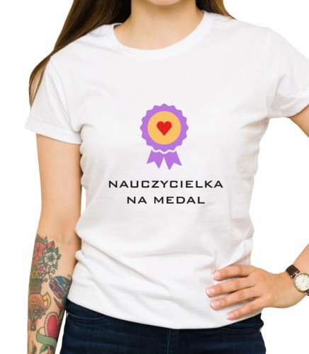 Biała damska koszulka nauczycielka na medal