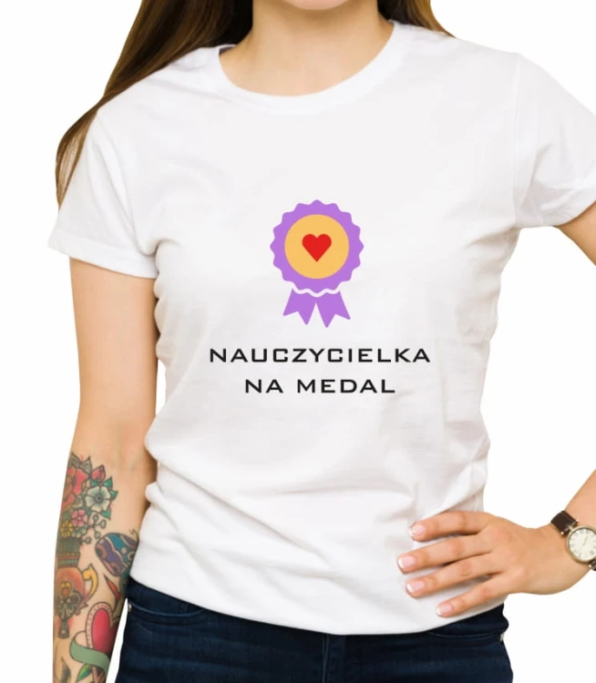 Biała damska koszulka nauczycielka na medal