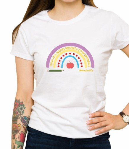 Biała damska koszulka rainbow teach love inspire