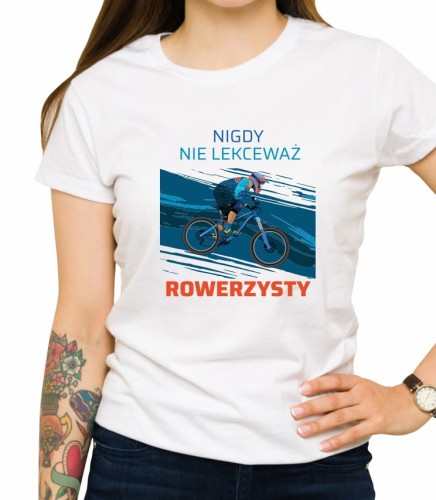 Biała damska koszulka nie lekceważ rowerzysty