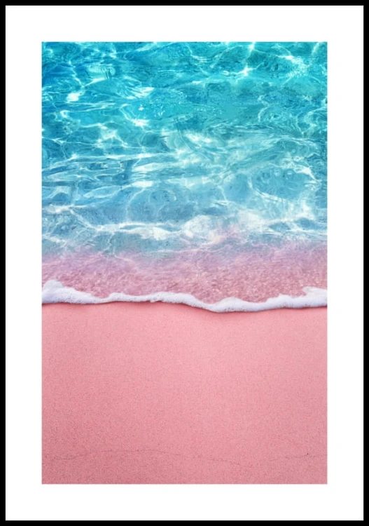 Plakat różowa plaża i turkusowa woda z białym marginesem