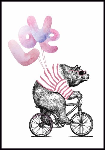 Plakat dziecięcy duży niedźwiedź na rowerze w pasiastym swetrze z balonikami - napisem LOVE.