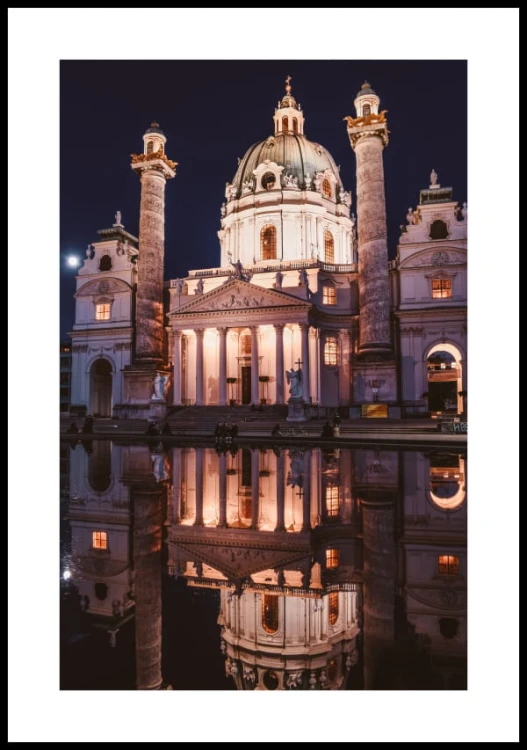 Plakat katedra nocą z białym marginesem