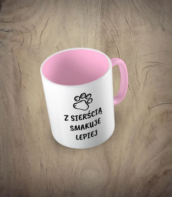Różowy kubek  z sierścią smakuje lepiej