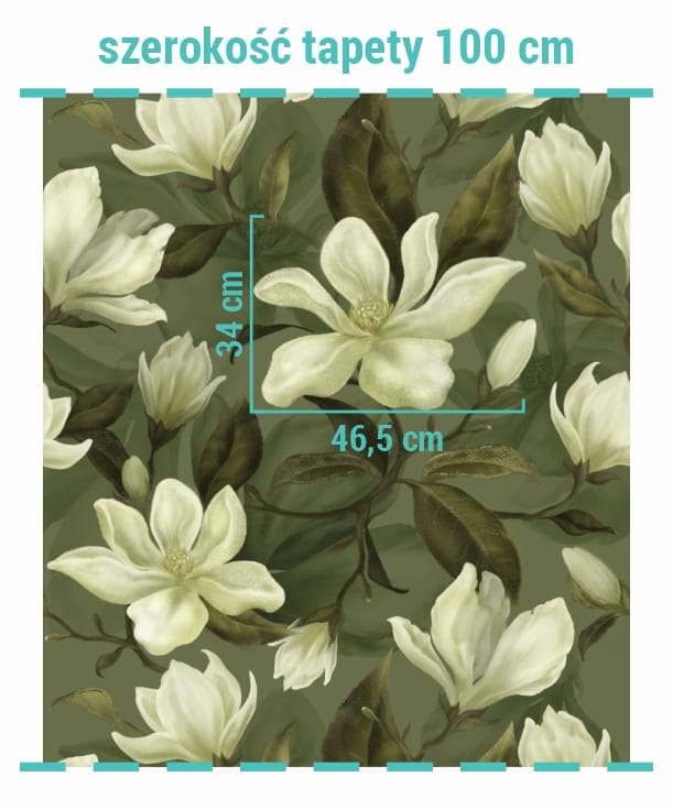Wielkość kwiatów na zielonej tapecie w magnolie