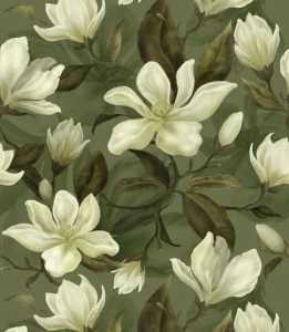 Próbka tapety magnolia na zielonym tle