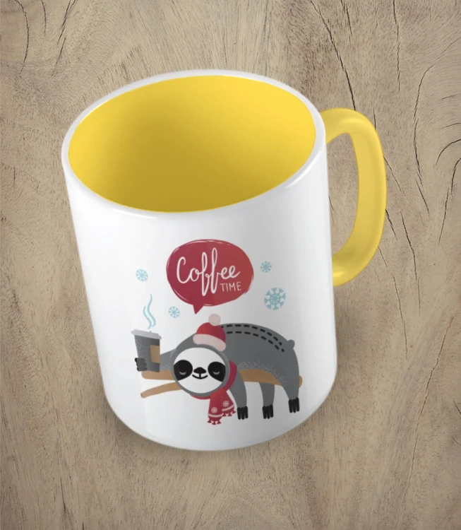 Żółty kubek christmas coffee time sloth