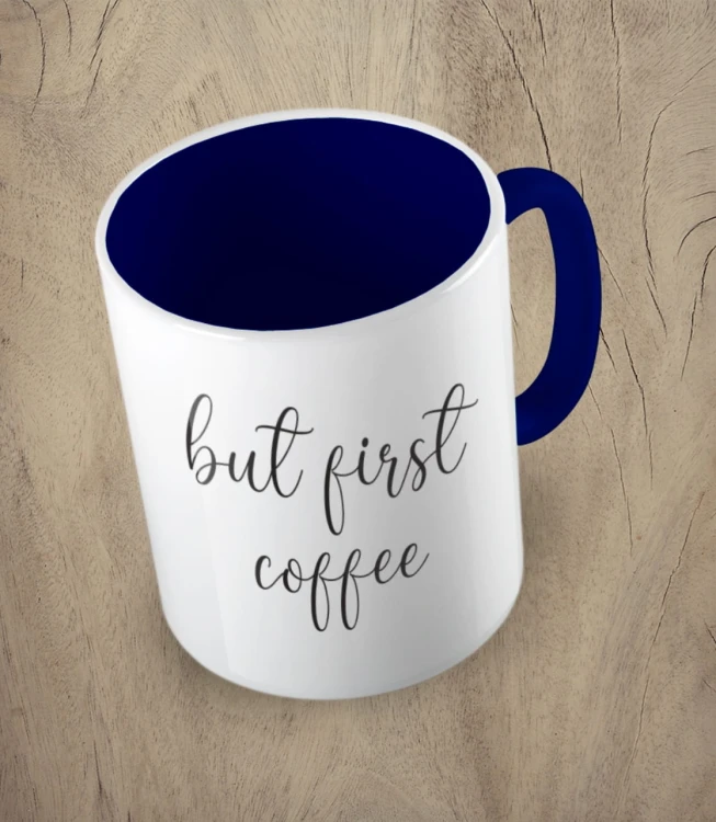 Granatowy kubek but first coffee