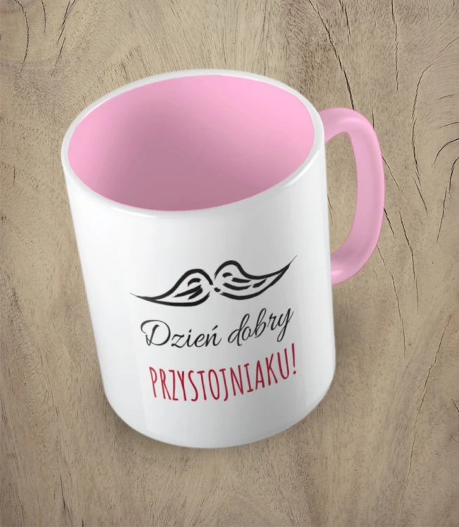 Różowy kubek dzień dobry przystojniaku