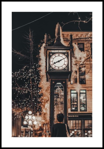 Plakat zegar parowy w Gastown z białym marginesem