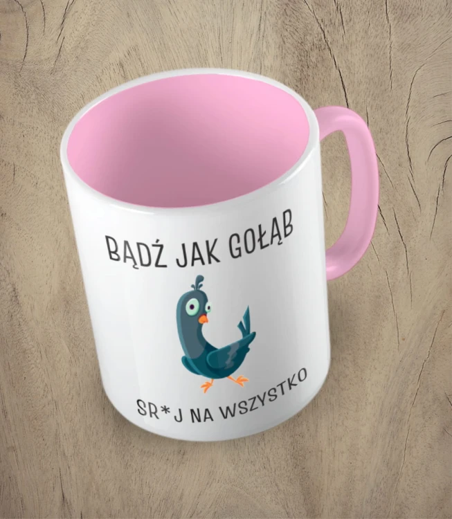 Różowy kubek bądź jak gołąb