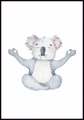 Plakat medytujący miś koala w pozycji kwiatu lotosu. Szare zwierzę z Australii na obrazku do pokoju dziecka.