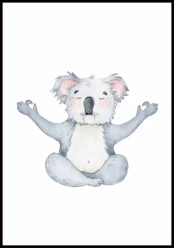 Plakat medytujący miś koala w pozycji kwiatu lotosu. Szare zwierzę z Australii na obrazku do pokoju dziecka.