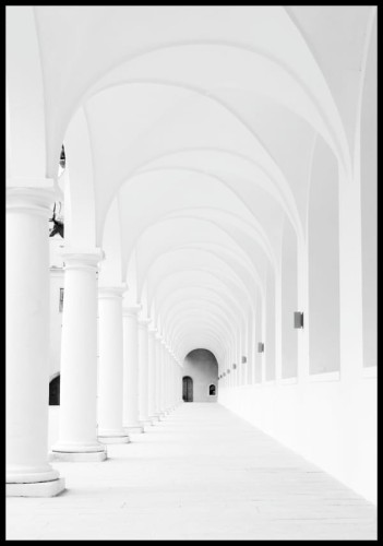 Ciekawe zdjęcie niemieckiej architektury - tunelu zamkniętego białymi arkadami. Jasny plakat z arkadami ozdobi pomieszczenie, dodając mu spokoju i przestrzeni