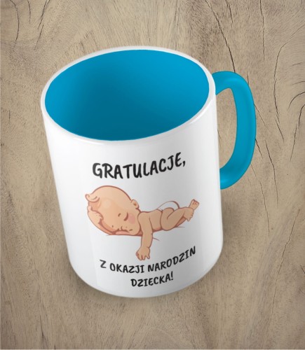 Błękitny kubek gratulacje z okazji narodzin dziecka