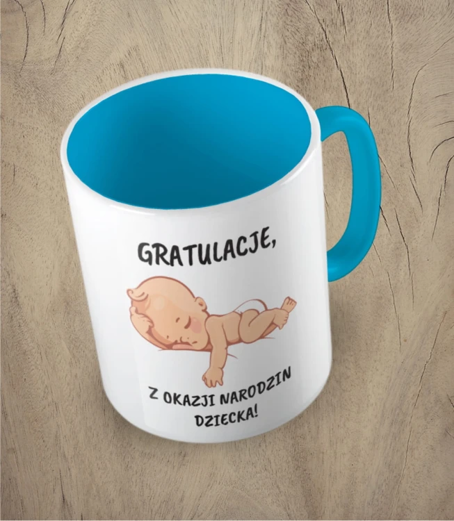 Błękitny kubek gratulacje z okazji narodzin dziecka