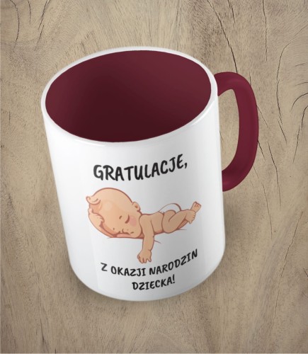 Bordowy kubek gratulacje z okazji narodzin dziecka