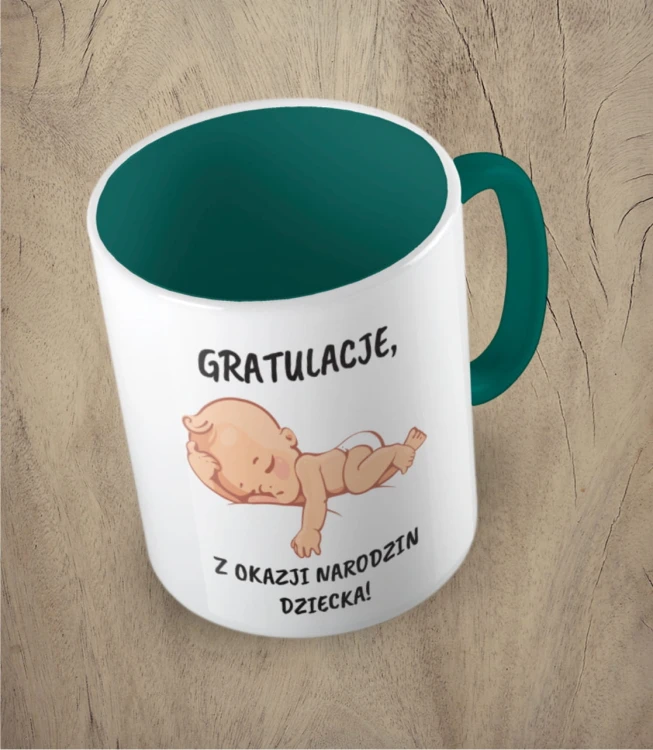 Ciemnozielony kubek gratulacje z okazji narodzin dziecka