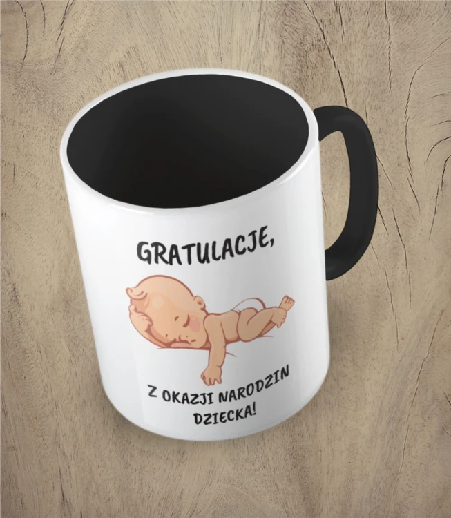 Czarny kubek gratulacje z okazji narodzin dziecka