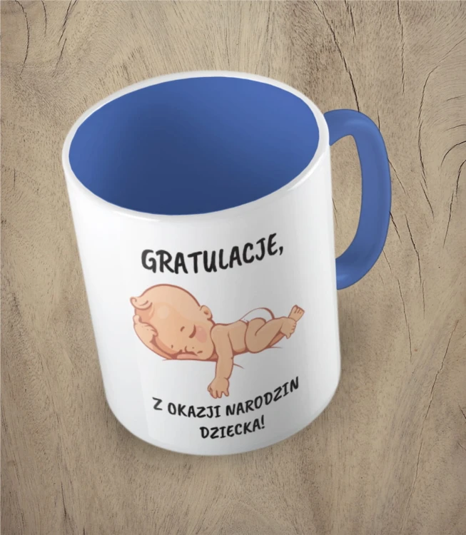 Niebieski kubek gratulacje z okazji narodzin dziecka