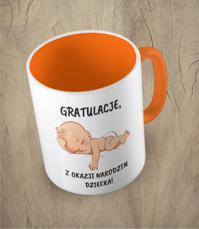 Pomarańczowy kubek gratulacje z okazji narodzin dziecka