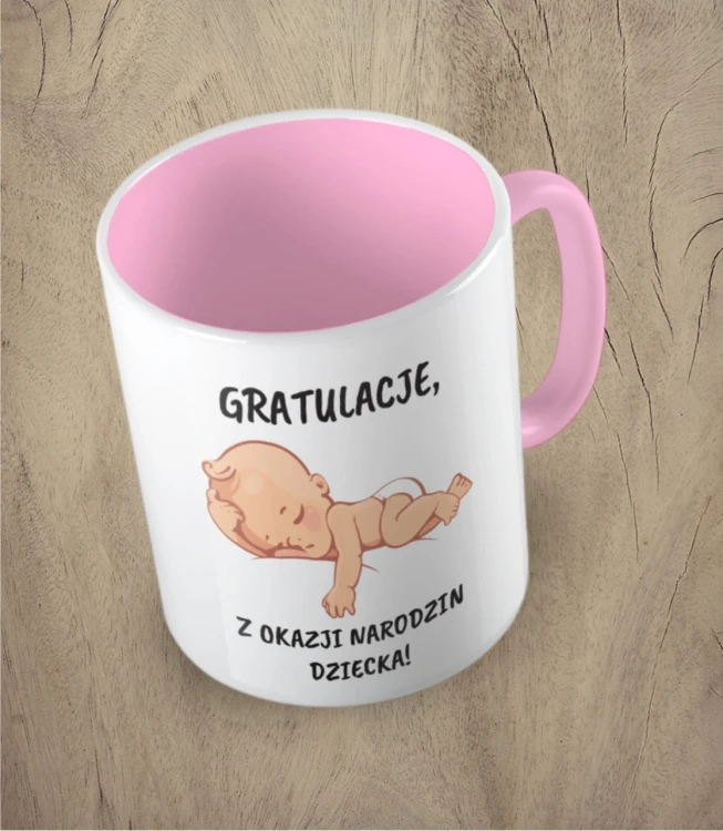 Różowy kubek gratulacje z okazji narodzin dziecka