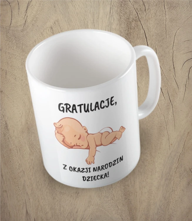 Biały kubek gratulacje z okazji narodzin dziecka