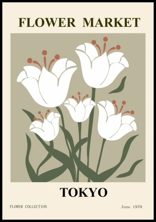 Plakat z napisem Tokyo i białymi kwiatami