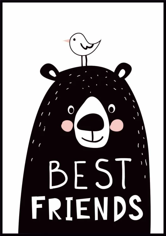 Plakat best friends - najlepsi przyjaciele, z misiem i ptaszkiem w kolorach czarno-białych