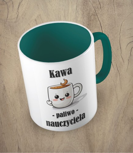 ciemnozielony kubek kawa paliwo nauczyciela