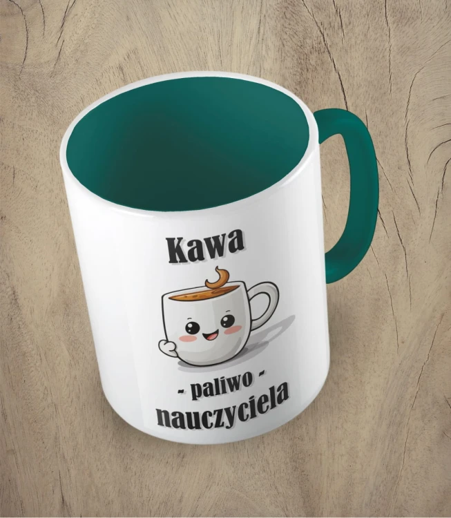ciemnozielony kubek kawa paliwo nauczyciela
