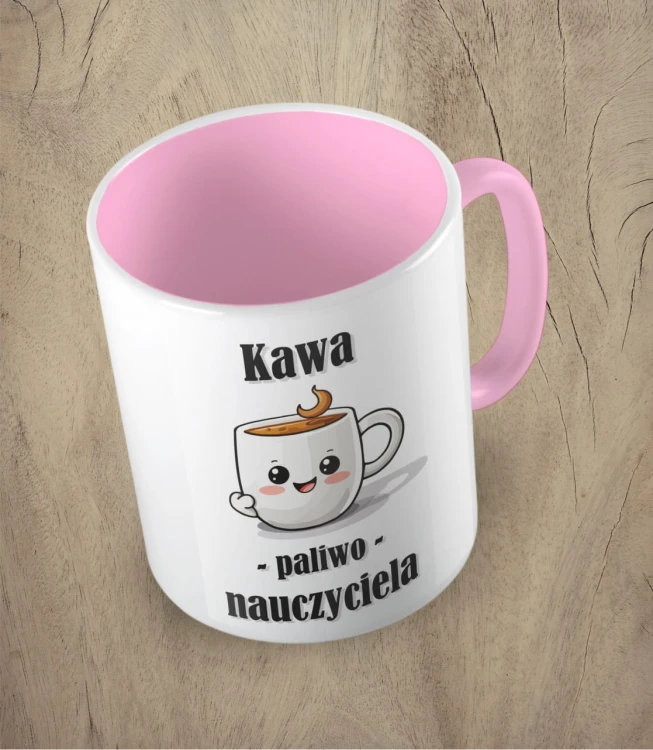 różowy kubek kawa paliwo nauczyciela
