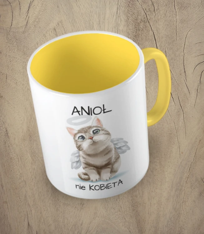 Żółty kubek anioł nie kobieta