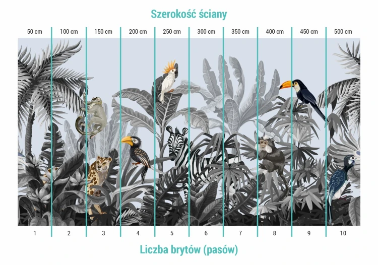 Podział brytów na fototapecie szara dżungla ze zwierzętami