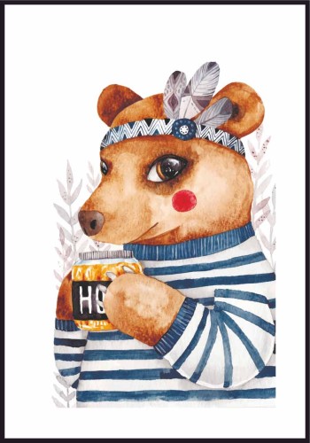 Plakat boho miś z białą ramką dookoła. Ilustracja do pokoju dziecka z niedźwiedziem w stylu hipissowskim.