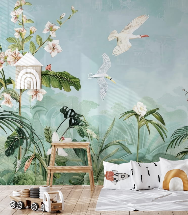 Fototapeta tropical plants and white birds - tapeta w liście monstery i ptaki, sezon lato 2026
