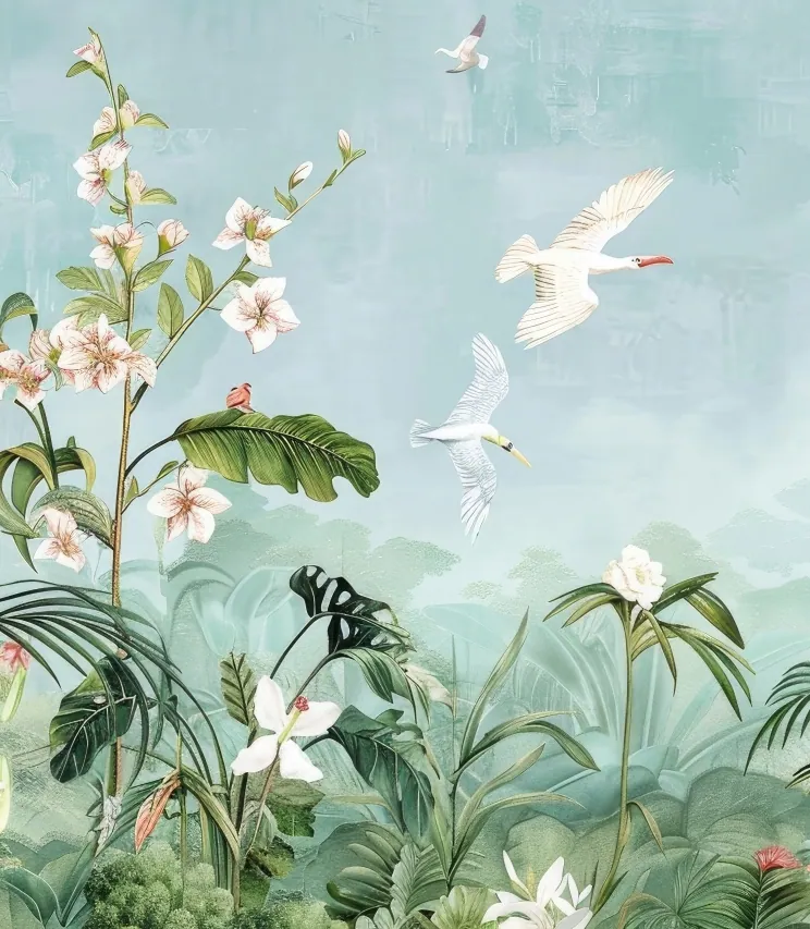 Fototapeta tropical plants and white birds